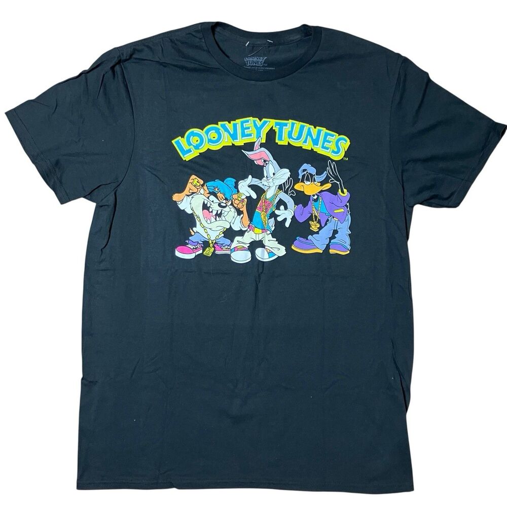 Looney Tunes T-Shirt Mens L Black Cotton Graphic Print Bugs Bunny Daffy Duck New